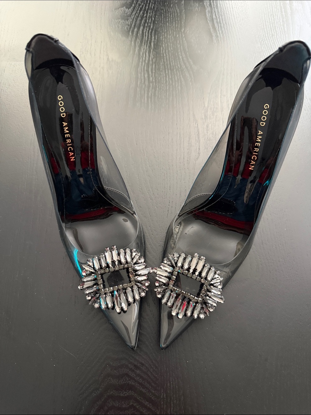 Good American Black Patent Pointed Toe Jeweled Pumps